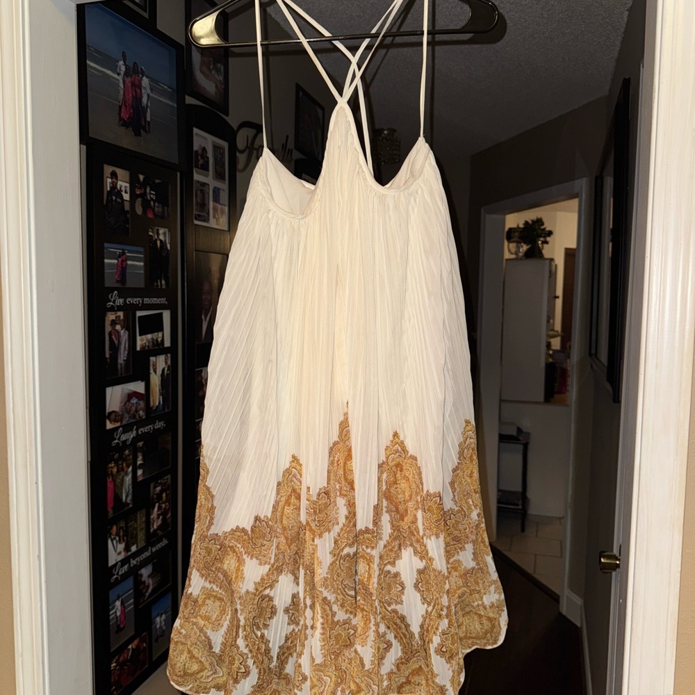 H&M White and Gold Mini,  Pleated Strappy Dress